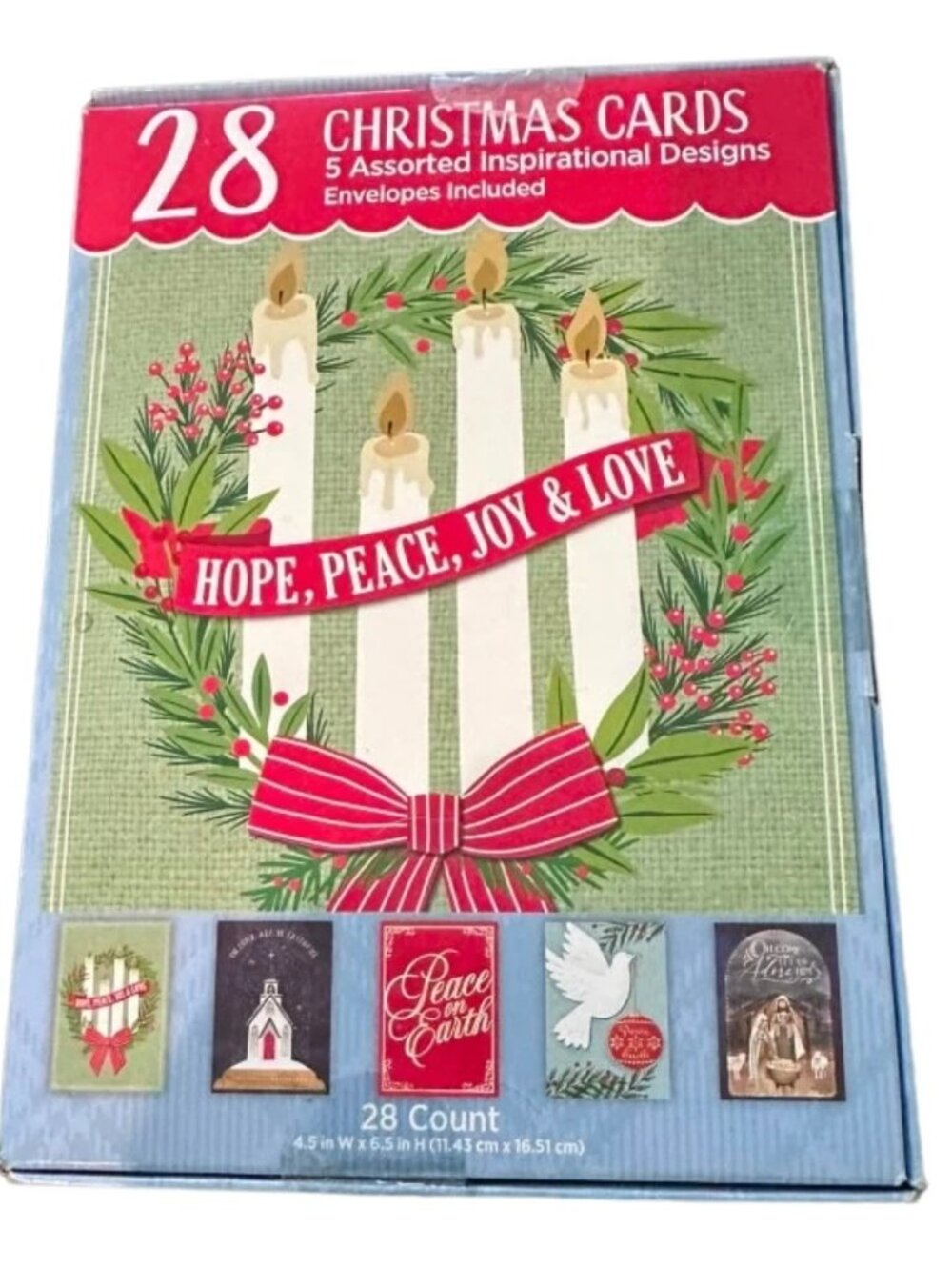28 Christmas Cards w/ Envelopes 5 Inspirational Designs Hope Peace Joy Love